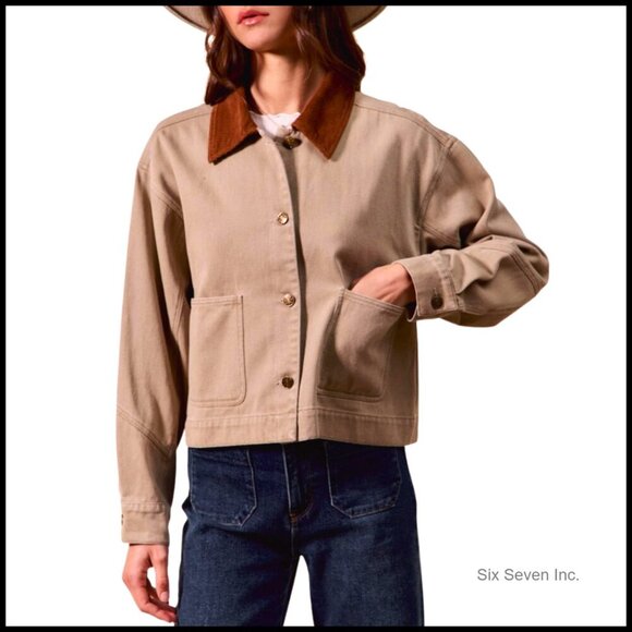 Jackets & Blazers - Cropped Barn Jacket Corduroy Collar Button Down Vintage Work Outerwear Pockets